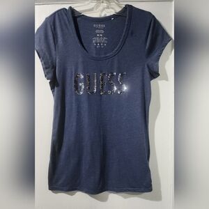 Y2K Guess Navy Blue Sequin Logo T-Shirt